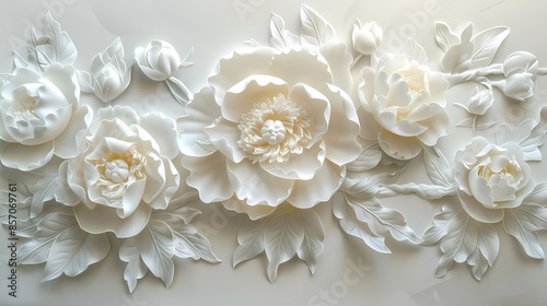 White paper carving peony flowers illustration poster background © jinzhen