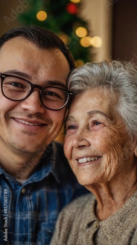 A young man and his elderly mother smiling together on a living room background