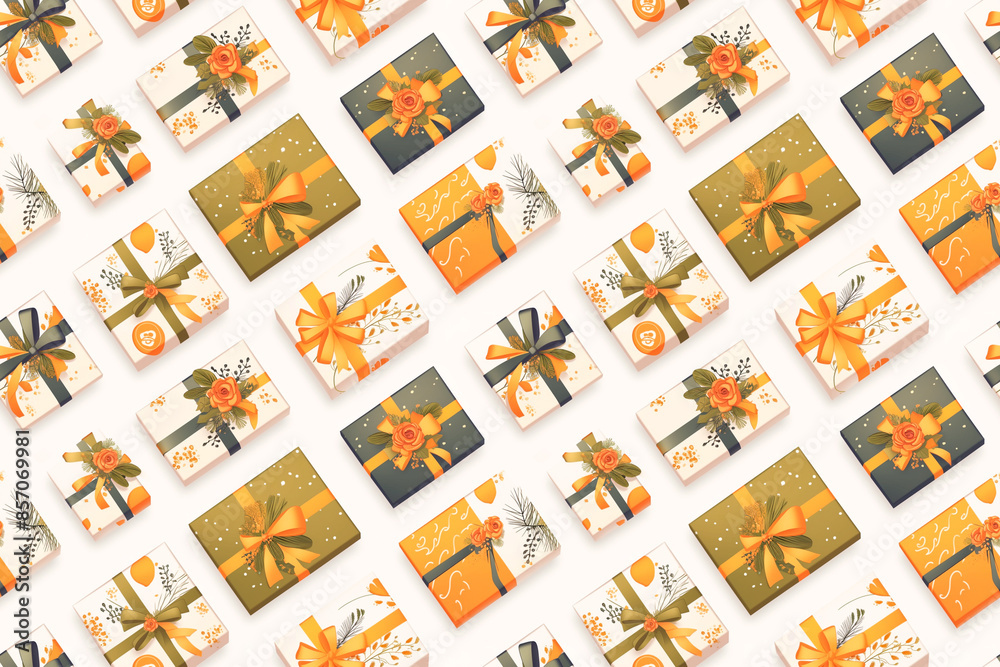 A seamless pattern of gift boxes wrapped in festive designs with bows and ribbons, creating a celebratory tile ornament perfect for holiday and special occasion decor A seamless pattern of gift boxes wrapped in festive designs with bows and ribbons, creating a celebratory tile ornament perfect for holiday and special occasion decor
