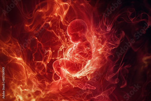 Life's First Breath: Uterine Artwork Showcasing Fetus Supported by Placental Exchange