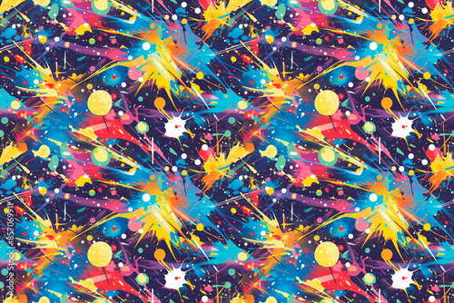 A vivid seamless pattern with bold paint splashes and dots on a dark background, forming a striking tile ornament. This energetic design is ideal for modern and creative decoration projects
