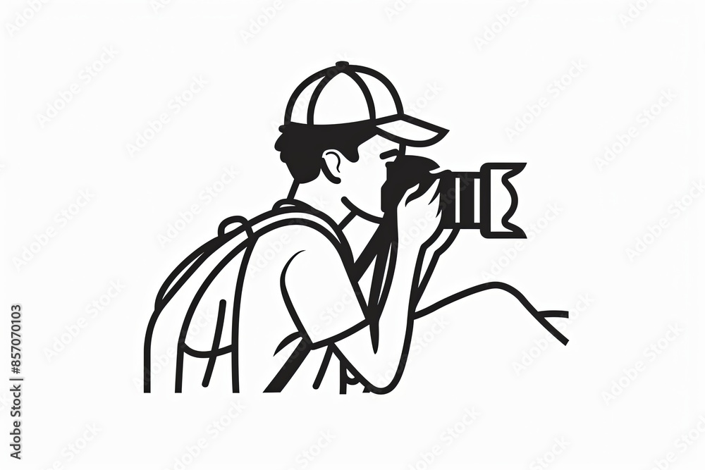 Minimalist line art man with camera logo for Interesting Places. Stylish design concept Minimalist line art man with camera logo for Interesting Places. Stylish design concept