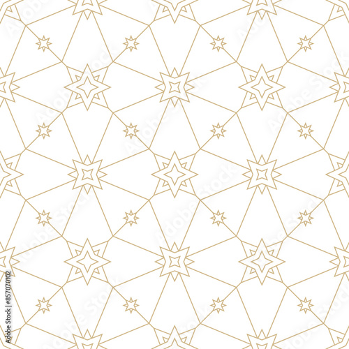 Linear golden stars seamless pattern. Magical line stars on white background. Light celestial diamond tile line pattern.