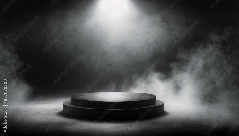 black podium emerges from a dark smoky background, enveloped in fog and illuminated by a dramatic spotlight, creating an abstract stage with a textured and mysterious ambiance
