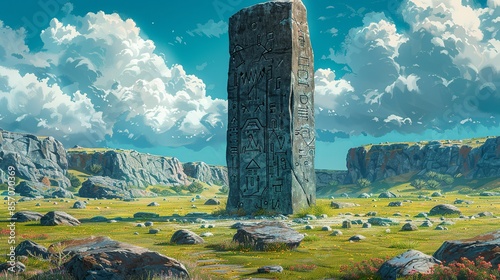 A towering monolith carved with intricate runes and glyphs, its purpose shrouded in mystery and speculation. Illustration, Minimalism, photo