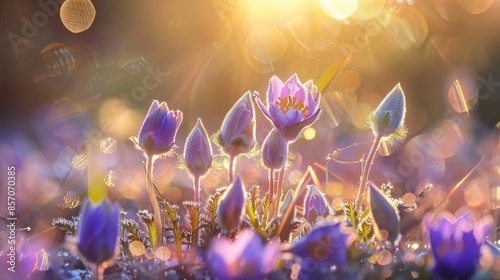 Pulsatilla Grandis Spring Wildflowers on a Meadow with Stunning Bokeh and Sunlight Backlight photo