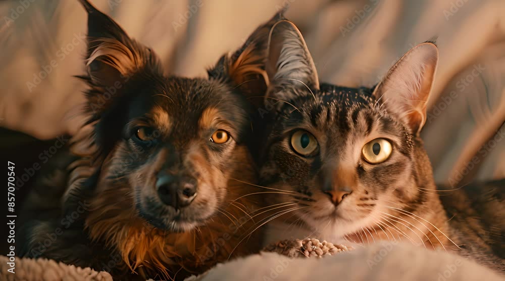 Portrait of Happy dog and cat that looking at the camera together Portrait of Happy dog and cat that looking at the camera together