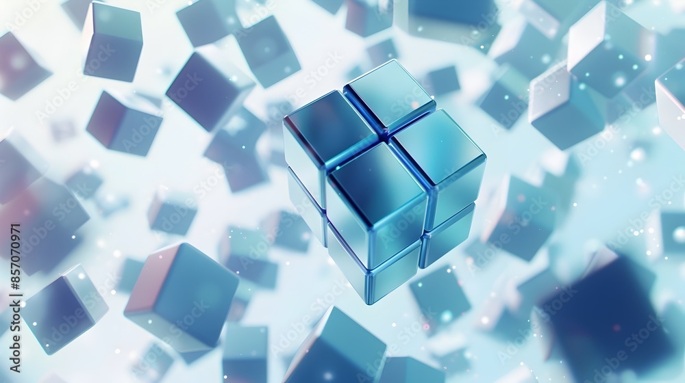 Translucent Blue Cubic Geometric Abstract 3D Render of Futuristic Architectural Pattern and Digital Translucent Blue Cubic Geometric Abstract 3D Render of Futuristic Architectural Pattern and Digital