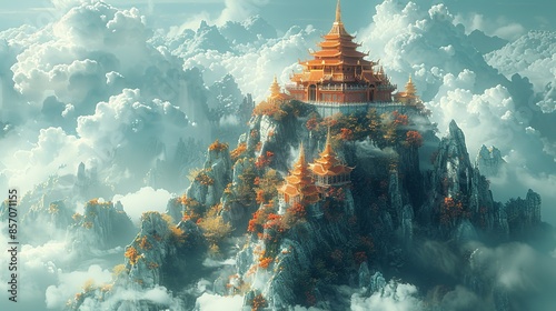 A serene temple nestled atop a floating mountain, its golden spires reaching towards the heavens in silent prayer. Illustration, Minimalism, photo