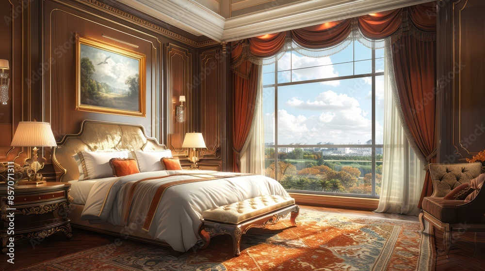 A luxurious bedroom with a king-sized bed, elegant bedding, and a large window with a view, illustration background A luxurious bedroom with a king-sized bed, elegant bedding, and a large window with a view, illustration background
