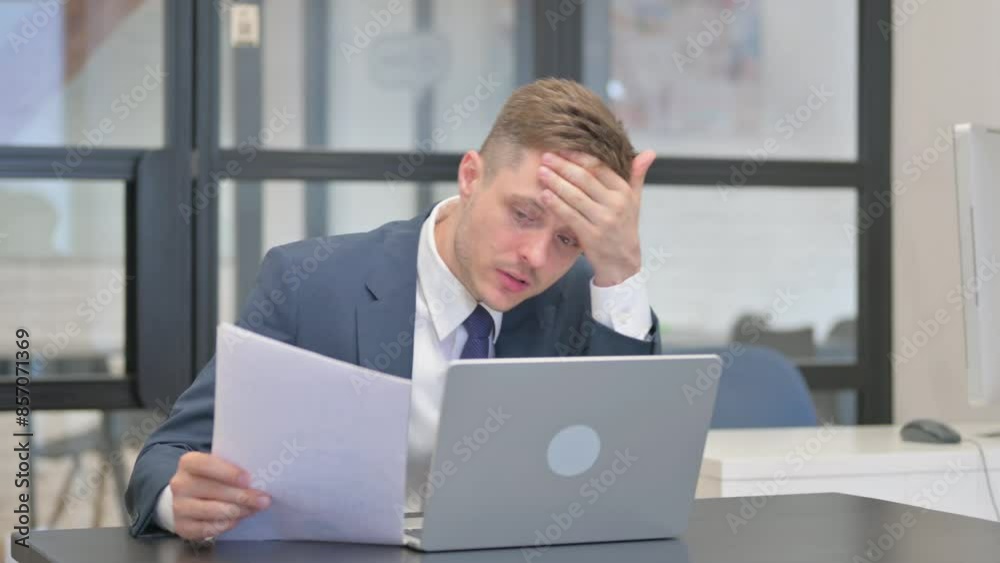 Mature Adult Businessman Feeling Upset while Reading Contract at Work Mature Adult Businessman Feeling Upset while Reading Contract at Work