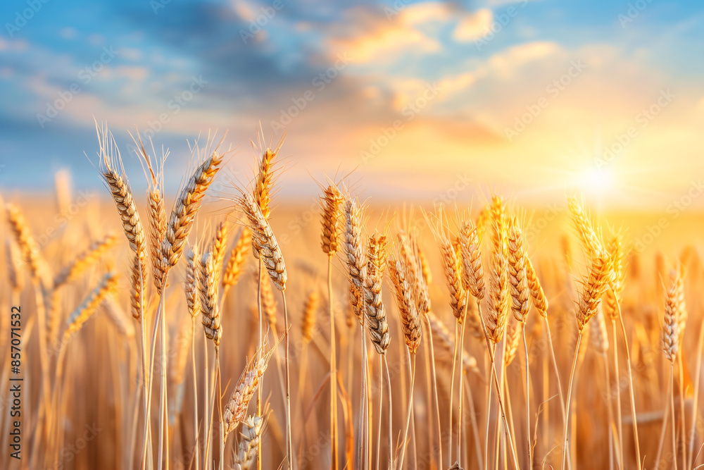 Fototapeta premium Golden wheat field at sunset with a vibrant blue sky and fluffy clouds.