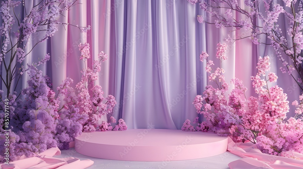 A podium with pink and purple curtains for product display, with flowers on the side. Web banner with copyspace on the right A podium with pink and purple curtains for product display, with flowers on the side. Web banner with copyspace on the right