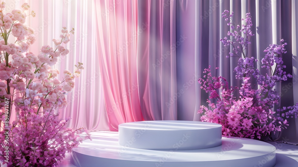 A podium with pink and purple curtains for product display, with flowers on the side. Web banner with copyspace on the right A podium with pink and purple curtains for product display, with flowers on the side. Web banner with copyspace on the right