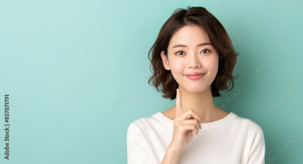 Portrait of a confident Asian woman pointing, with a light blue background highlighting her beauty Portrait of a confident Asian woman pointing, with a light blue background highlighting her beauty