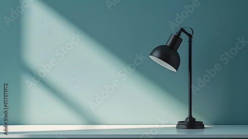 A sophisticated, matte black desk lamp on a clean, white desk, against a soft, pastel blue wall. This photo embodies minimalist office design, with a focus on functionality and aesthetic appeal. photo