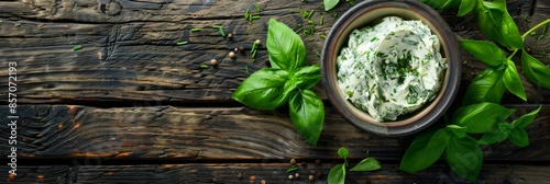 A bowl of creamy herb butter with chives, basil, oregano, and parsley sits on a rustic wooden table, surrounded by fresh herbs
