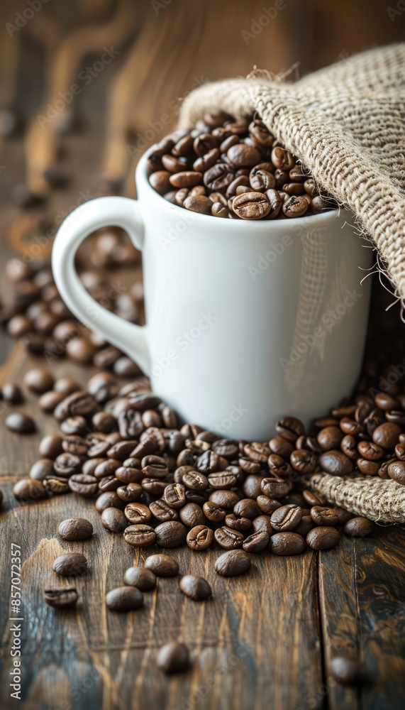 A white mug overflowing with roasted coffee beans, spilling onto a rustic wooden surface. A burlap sack hangs over the mug, adding to the warm, inviting atmosphere. A white mug overflowing with roasted coffee beans, spilling onto a rustic wooden surface. A burlap sack hangs over the mug, adding to the warm, inviting atmosphere.