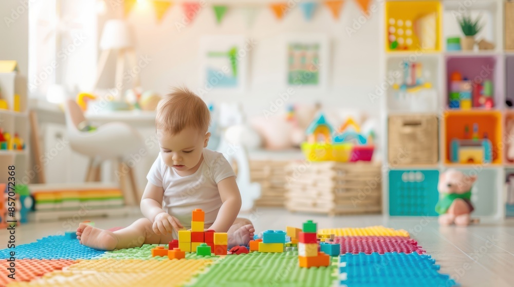 Adorable toddler with curly hair, dressed in a yellow sweater, playing with colorful building blocks on a vibrant, textured rug in a bright, cozy living room. Adorable toddler with curly hair, dressed in a yellow sweater, playing with colorful building blocks on a vibrant, textured rug in a bright, cozy living room.