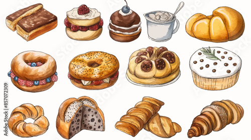 Hand draw abstract bakery icon set. Bread. Cake. Cookies. Buns.