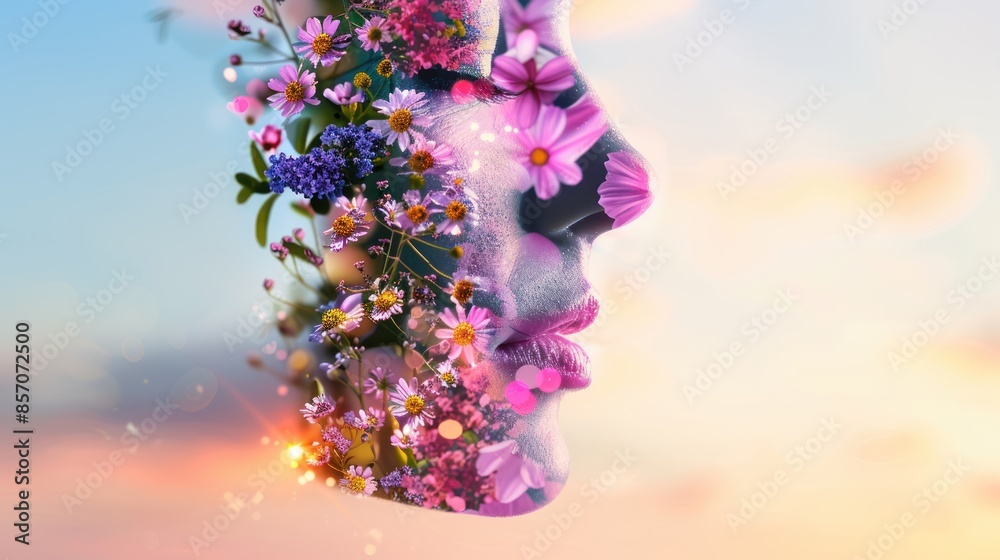 A woman's face is transformed into a beautiful blooming flower arrangement against a sunset sky. A woman's face is transformed into a beautiful blooming flower arrangement against a sunset sky.