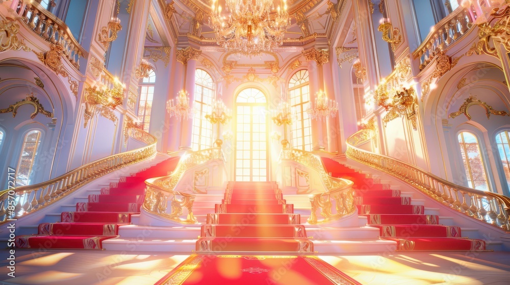 Obraz premium Opulent palace staircase with luxurious red carpet and gold details, bathed in warm light, exuding elegance and grandeur, perfect for regal occasions.