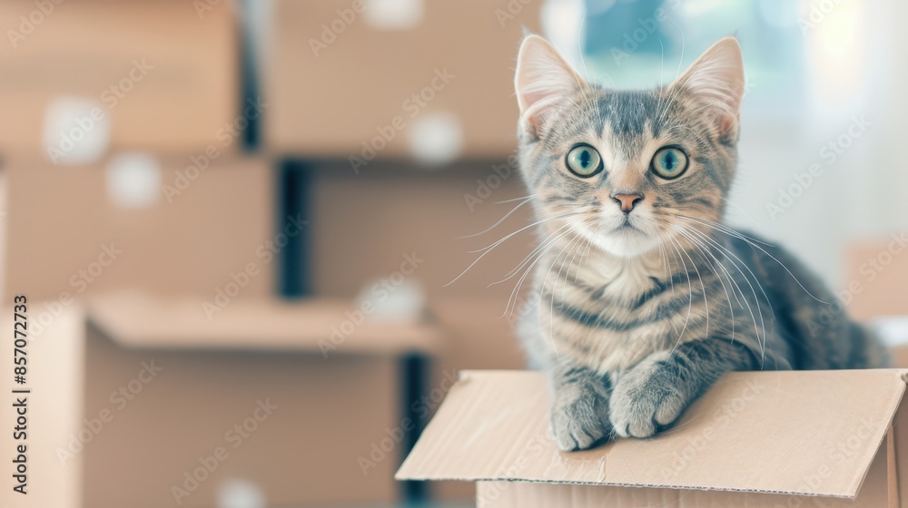 Adorable kitten in a cardboard box with blurred moving boxes in the background, creating a playful, curious, and charming scene.