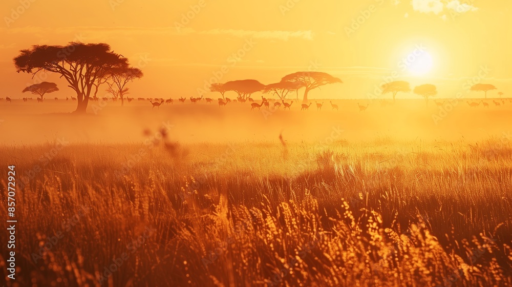 Fototapeta premium A magnificent dawn savanna features tall grasses, acacia trees' silhouettes, and grazing gazelles.
