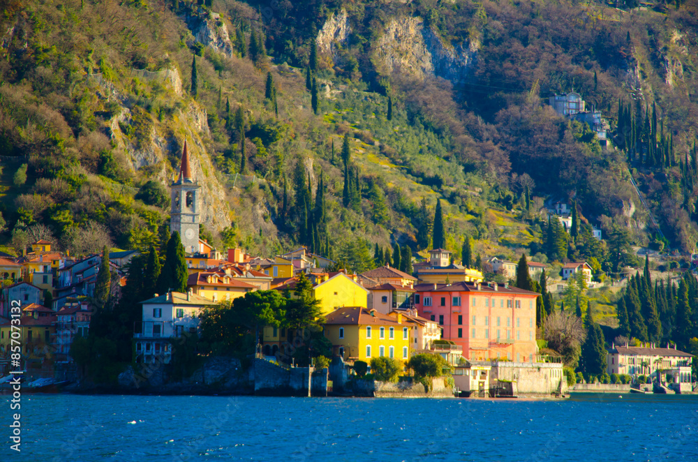 custom made wallpaper toronto digitalOld Beautiful village on the Waterfront to Lake Como with Mountain in a Sunny Summer Day in Varenna, Lombardy, Italy.