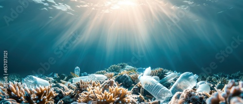 Fototapeta Naklejka Na Ścianę i Meble -  Coral reef surrounded by plastic debris, highlighting the damage to marine habitats