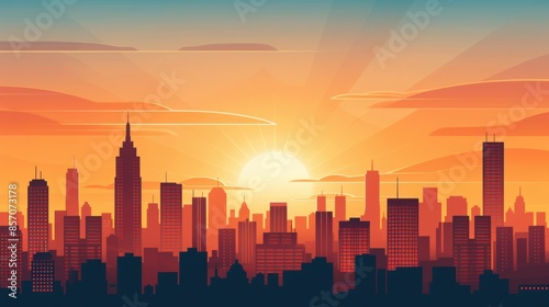 Comic book style cityscape with dramatic sunset sky