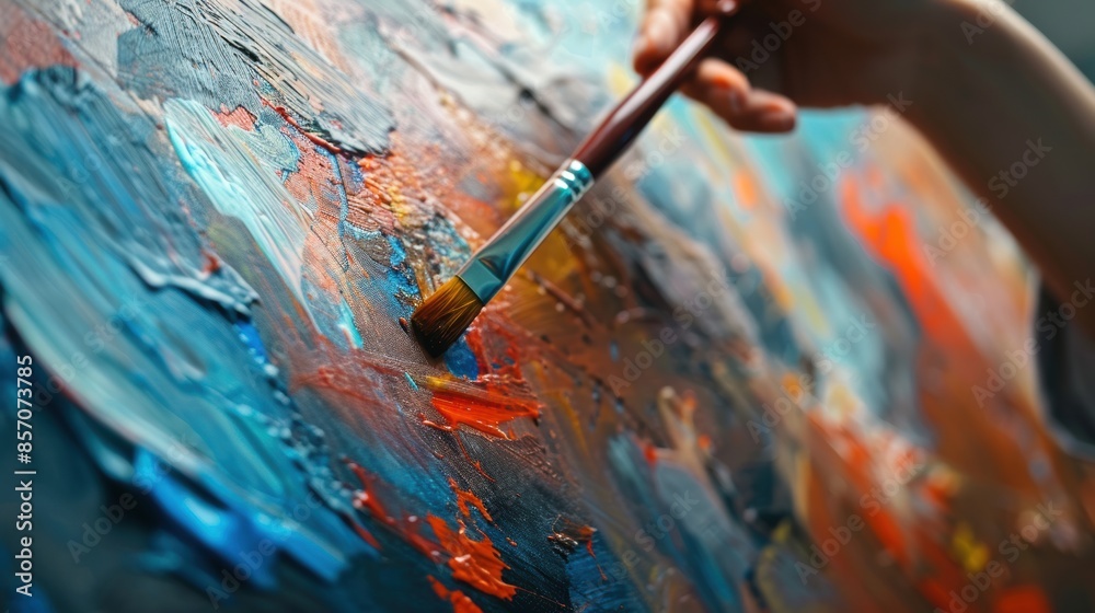 A close-up shot of a person's hands holding paintbrushes, with a vibrant abstract artwork in the background A close-up shot of a person's hands holding paintbrushes, with a vibrant abstract artwork in the background