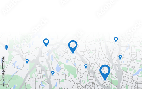 Blue GPS navigator pins on a blue roads map on white background