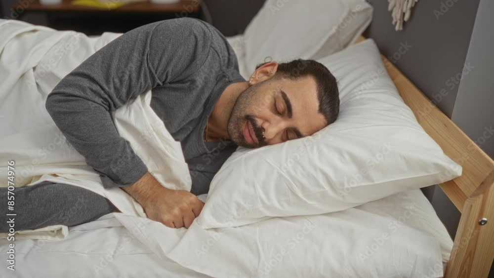 Young man lying in bed, resting peacefully on white pillows within a cozy bedroom interior, wearing grey sleepwear, evoking a tranquil and serene atmosphere at home Young man lying in bed, resting peacefully on white pillows within a cozy bedroom interior, wearing grey sleepwear, evoking a tranquil and serene atmosphere at home