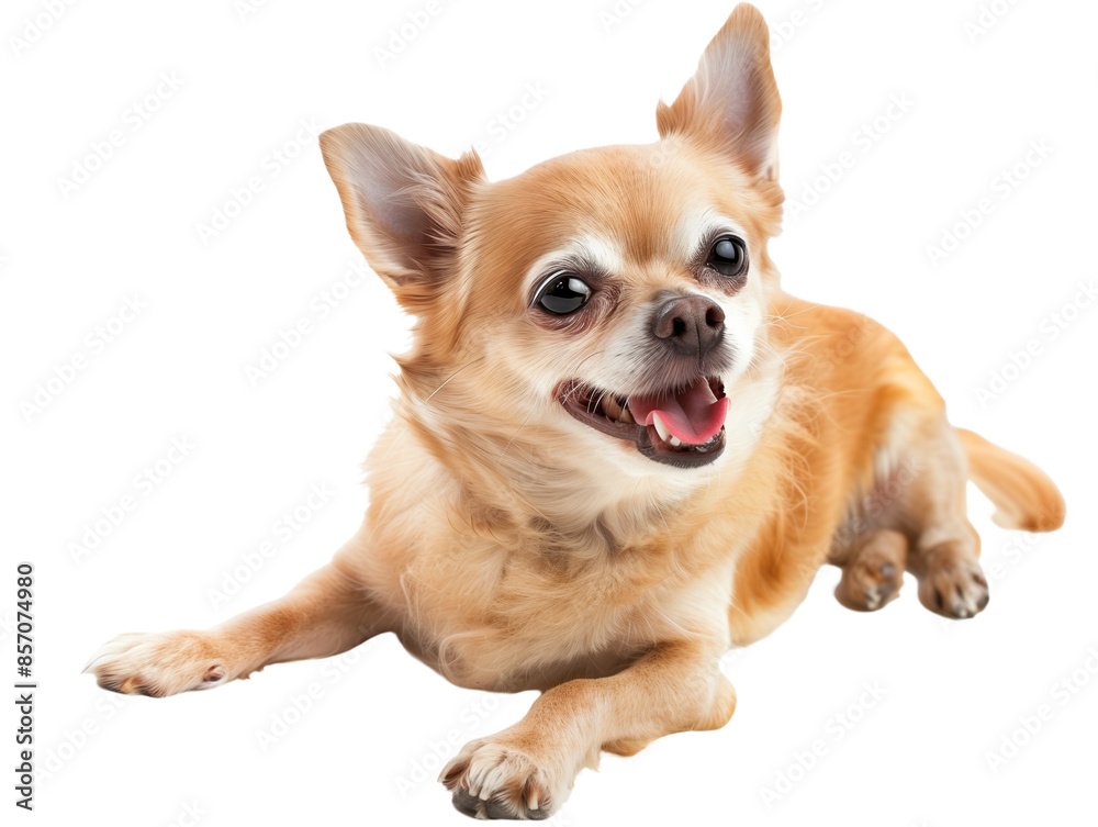 Full body shot of Chihuahua dog, lying down, smiling. Full body shot of Chihuahua dog, lying down, smiling.