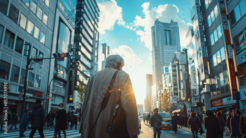 Elderly man walking down a bustling city street with tall buildings and people in the background during sunset.