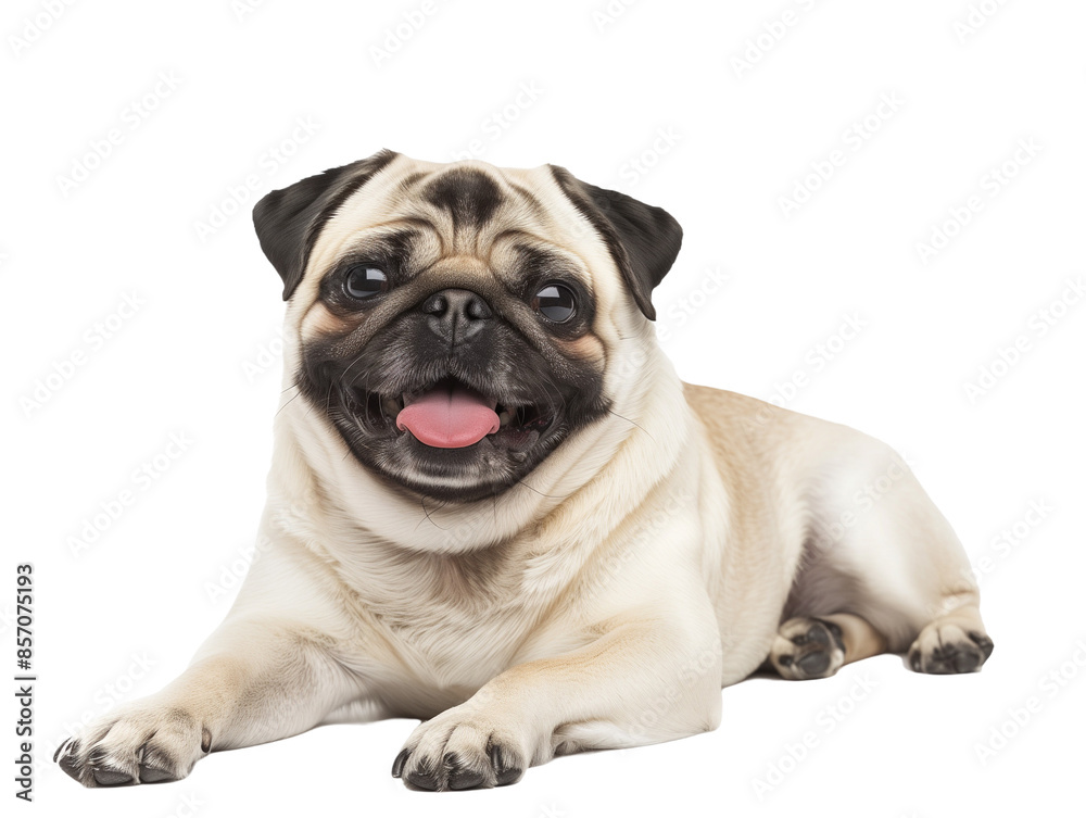 Full body shot of Pug dog, lying down, smiling. Full body shot of Pug dog, lying down, smiling.