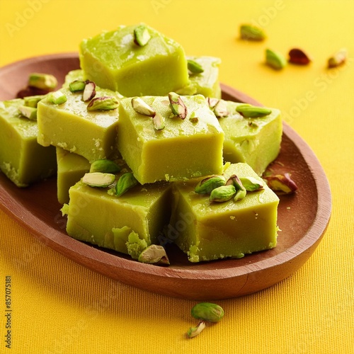 Indian sweet food pistachio mava also called as pista Barfi, burfi, barfee and pista mawa on yellow background photo