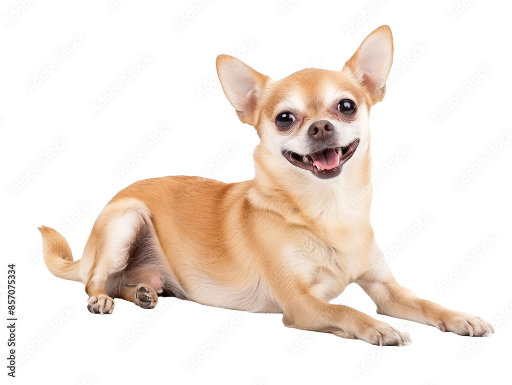 Full body shot of Chihuahua dog, lying down, smiling. Full body shot of Chihuahua dog, lying down, smiling.