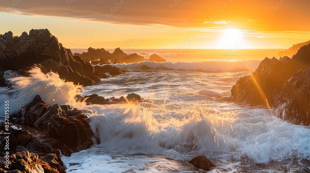 Beautiful sunset over the ocean, waves crashing against the beach and rocks Beautiful sunset over the ocean, waves crashing against the beach and rocks
