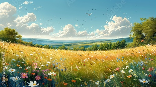 Whispering meadows alive with the rustle of tall grasses, where wildflowers sway in the breeze like dancers, and the song of birds fills the air with melody and magic. Illustration, Minimalism, photo