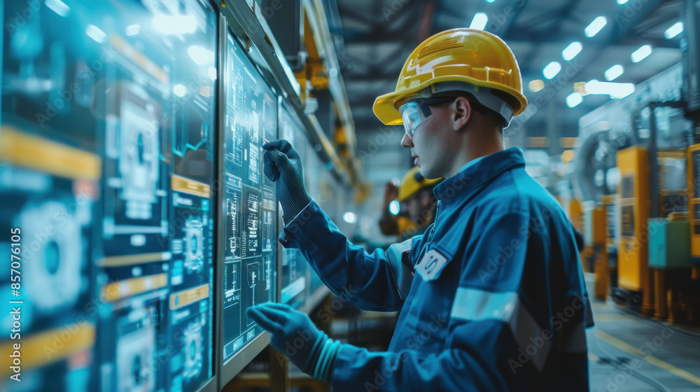 Engineer in hard hat and safety glasses using a touchscreen digital interface in a modern industrial factory setting. Engineer in hard hat and safety glasses using a touchscreen digital interface in a modern industrial factory setting.