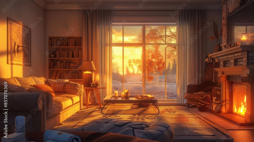 A cozy living room with a fireplace, comfortable furniture, and warm lighting, illustration background A cozy living room with a fireplace, comfortable furniture, and warm lighting, illustration background