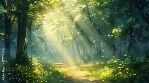 A tranquil forest path with sunlight filtering through the trees and a soft mist, illustration background