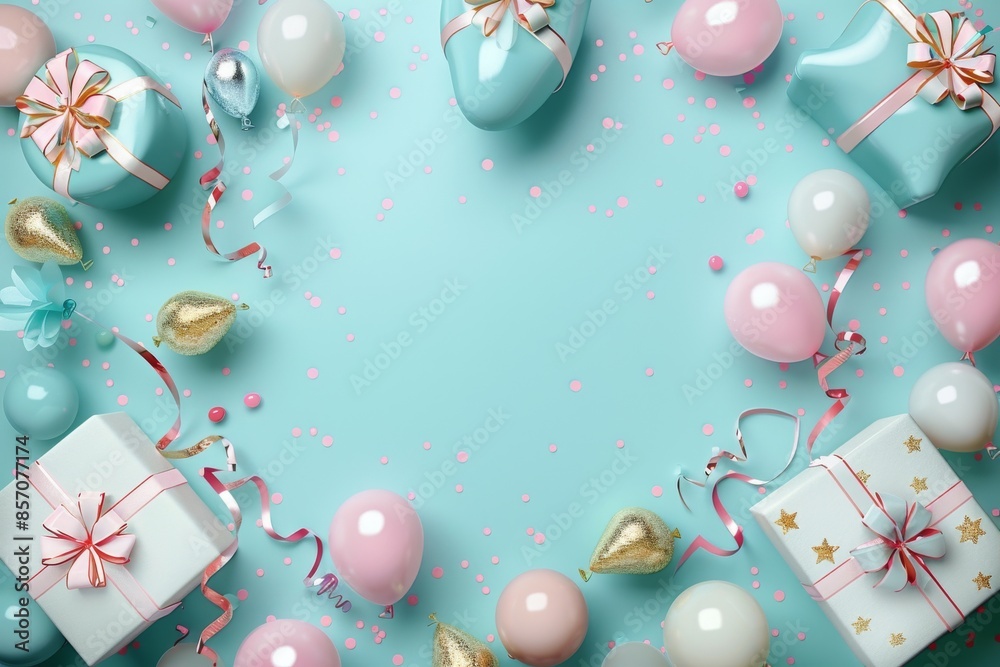 Birthday celebration background with pastel colored balloons and gift boxes
