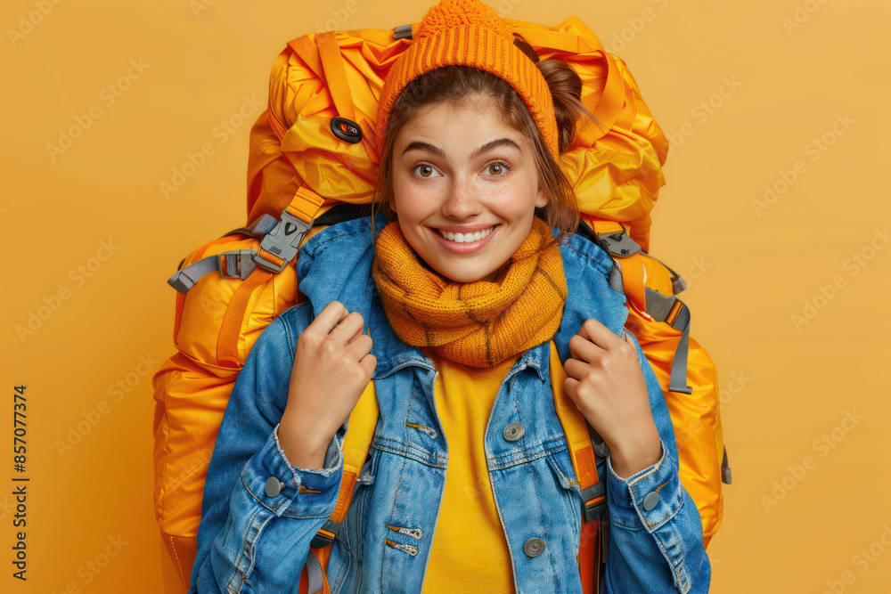 Adventurous Young Woman Ready for Exploration with Backpack, Smiling in Stylish Outdoor Gear Against Orange Background, Embracing the Joy of Travel and Adventure with a Bright, Enthusiastic Attitude