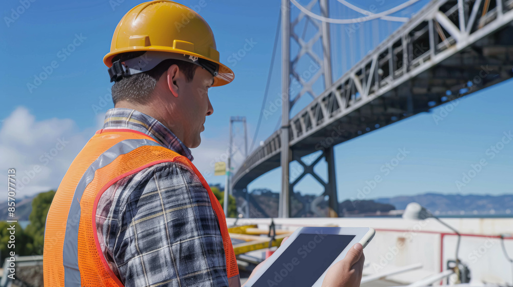 Civil Engineer Using A Tablet With A Giant Bridge In Front Of Him Civil Engineer Using A Tablet With A Giant Bridge In Front Of Him