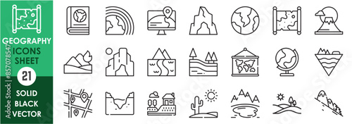 A set of line icons related to geography. Geology, geography, hills, mountain, valley, map, river, slope, lakes and so on. Vector outline icons set.