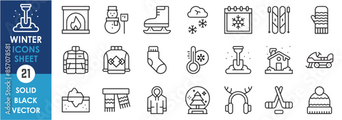 A set of line icons related to winter. Winter, snow, cold, ice, skiing, ice hockey, clothes, warm, fire, and so on. Vector outline icons set.