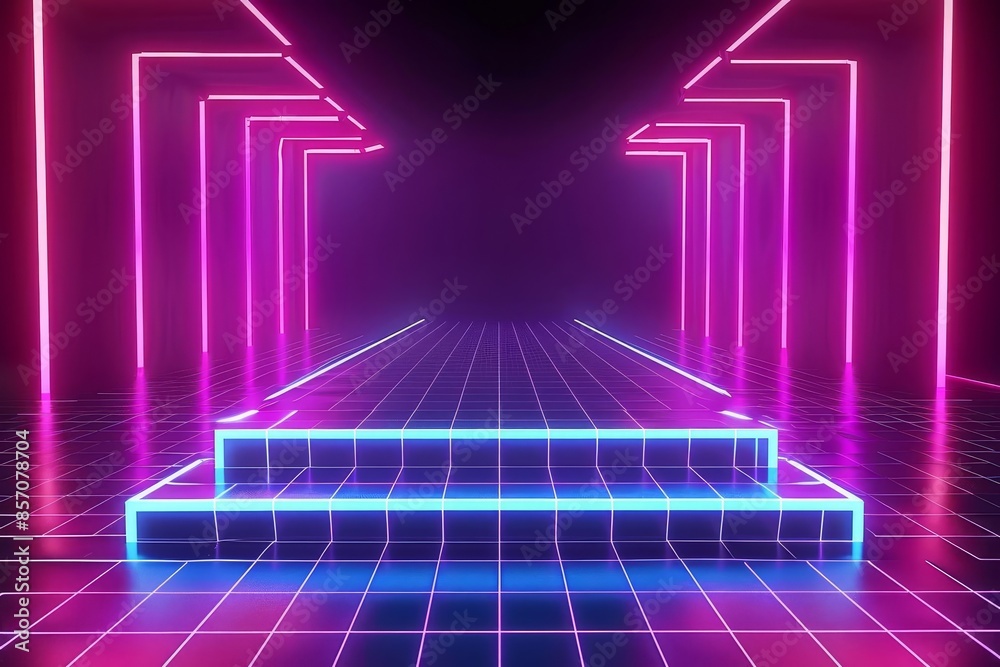 Podium in virtual reality grid, digital, neon gridlines, render, sharp lines Podium in virtual reality grid, digital, neon gridlines, render, sharp lines